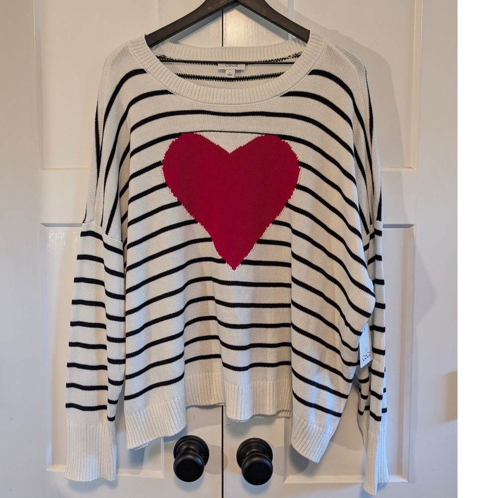CeCe Sailor Stripe Heart Sweater XL NWT Ivory Black Red Valentine's Pullover Top